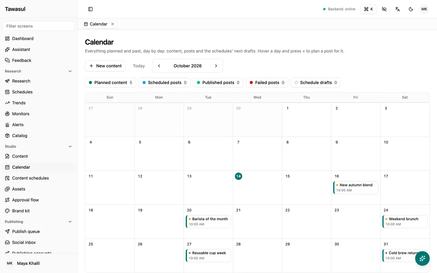 The month's plan at a glance, each post on the day it's due.